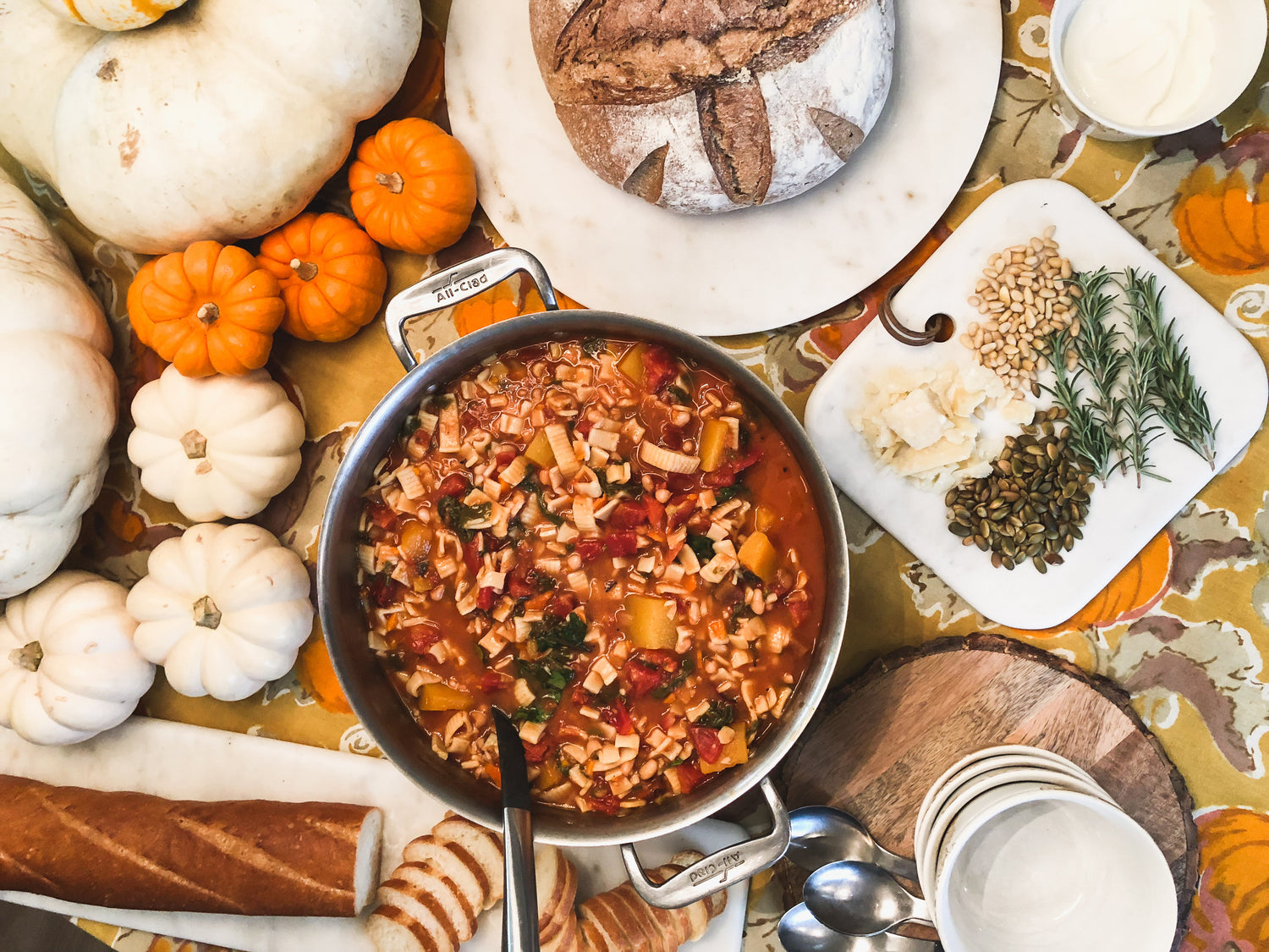 Fall Soup Night with Couleur Nature Pumpkin Tablecloth!