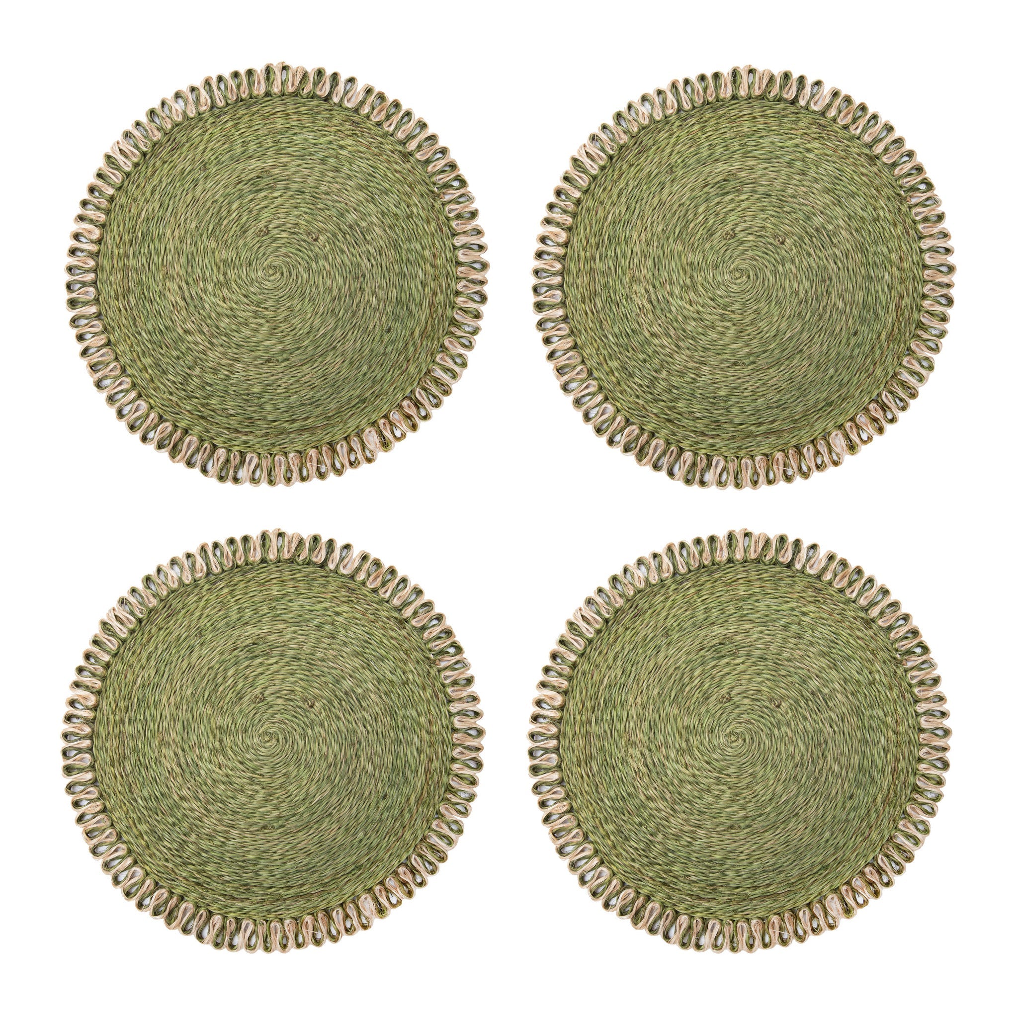 Loopy Abaca Olive Green & Natural 15" Round Placemats - Set of 4