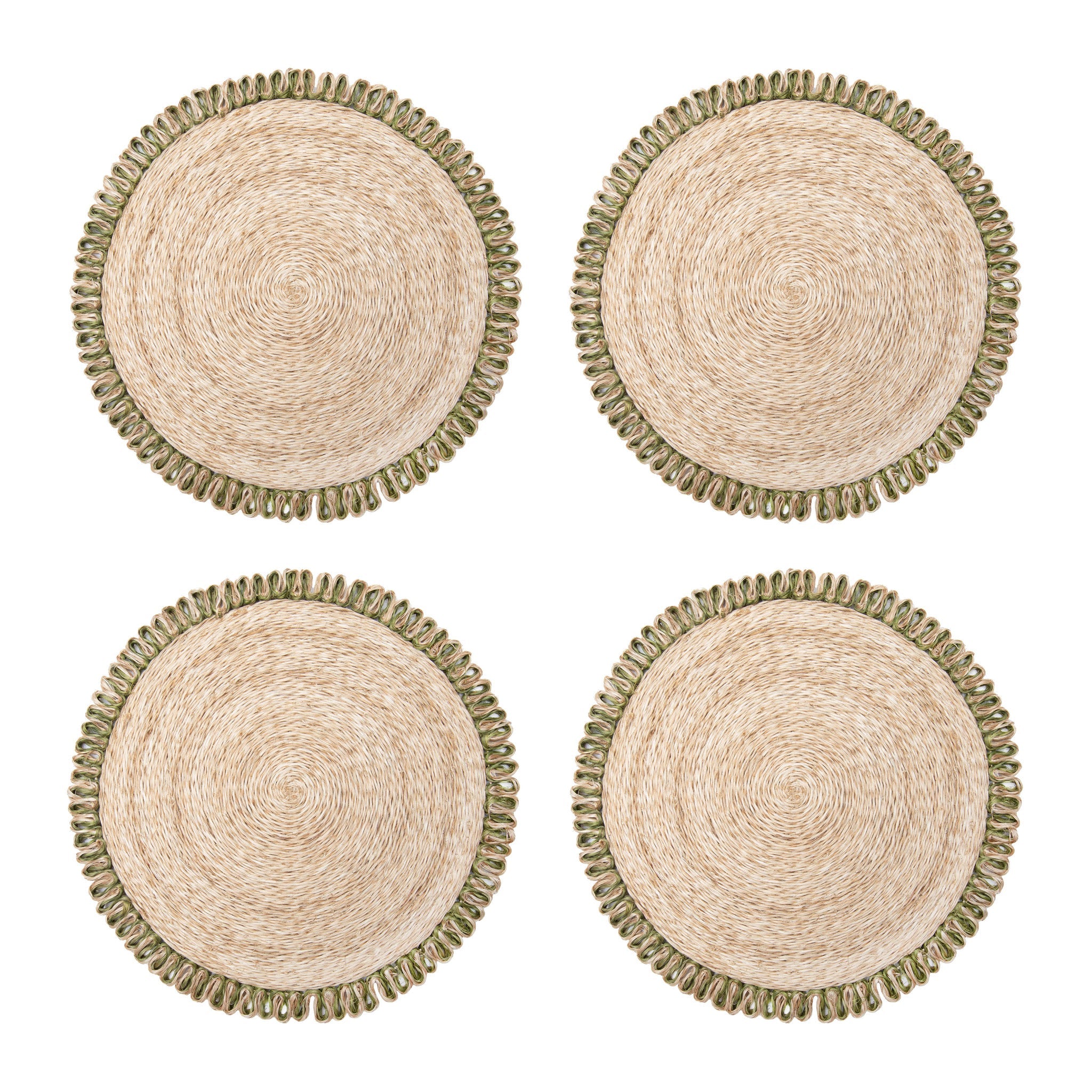 Loopy Abaca Natural & Olive Green 15" Round Placemats - Set of 4