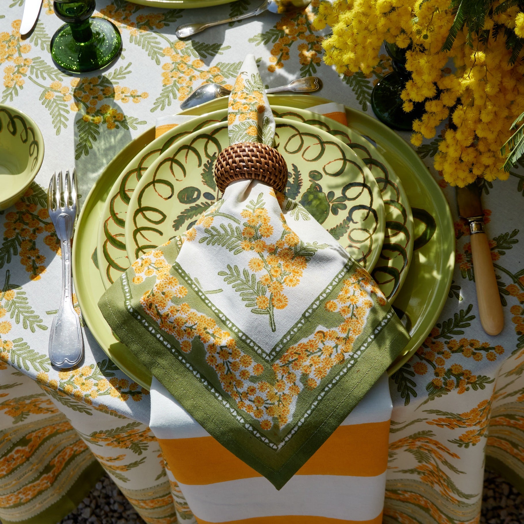 French Tablecloth Mimosa Green & Yellow