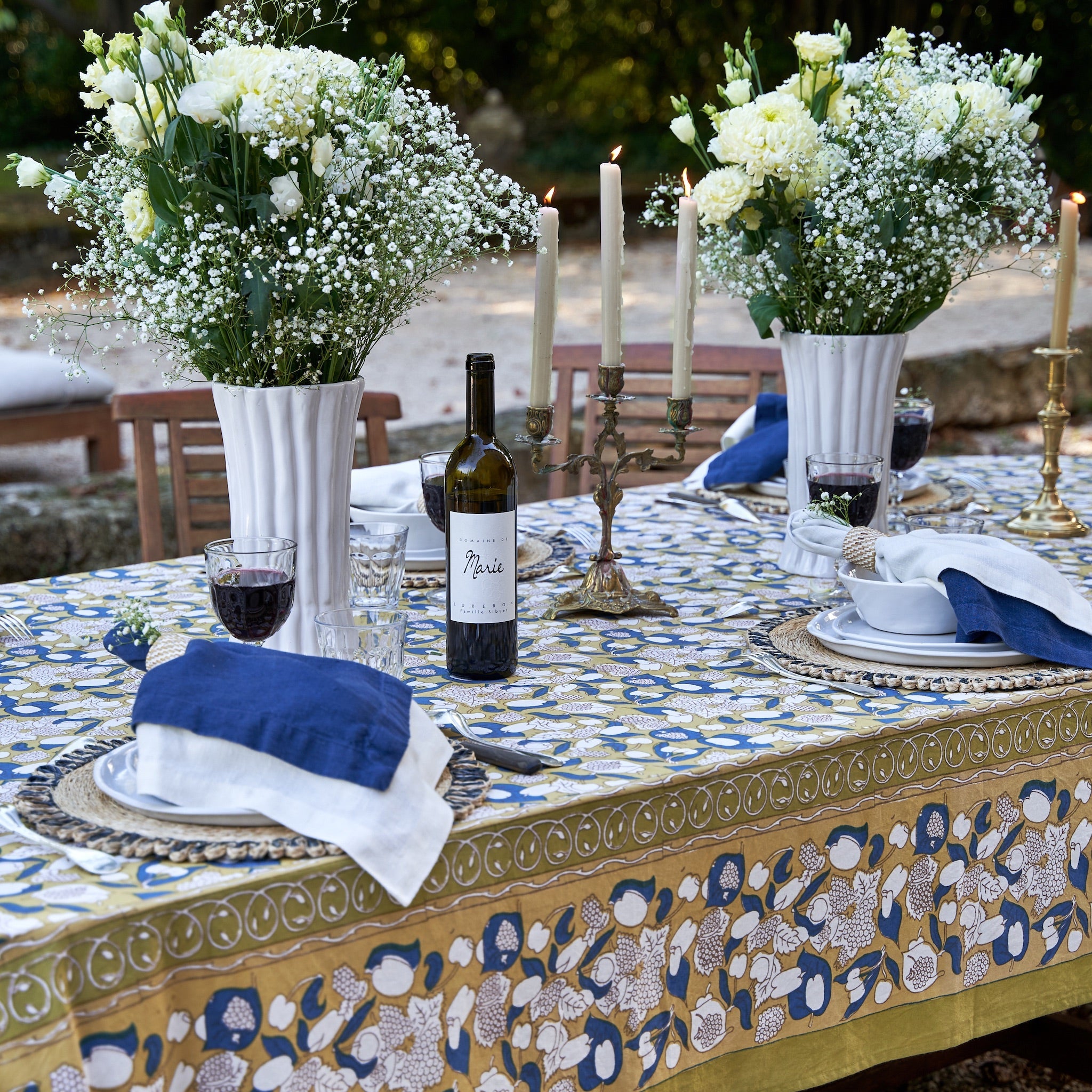 French Tablecloth Forest Harvest Mustard & Blue