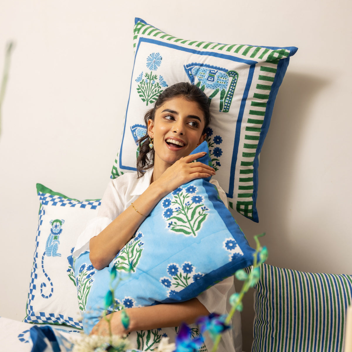 Jeu de Singes Blue & Green Cushion Cover