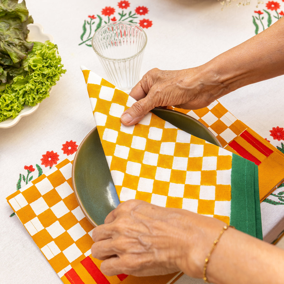 Gingham Check Mustard/Green Napkins, Set of 4