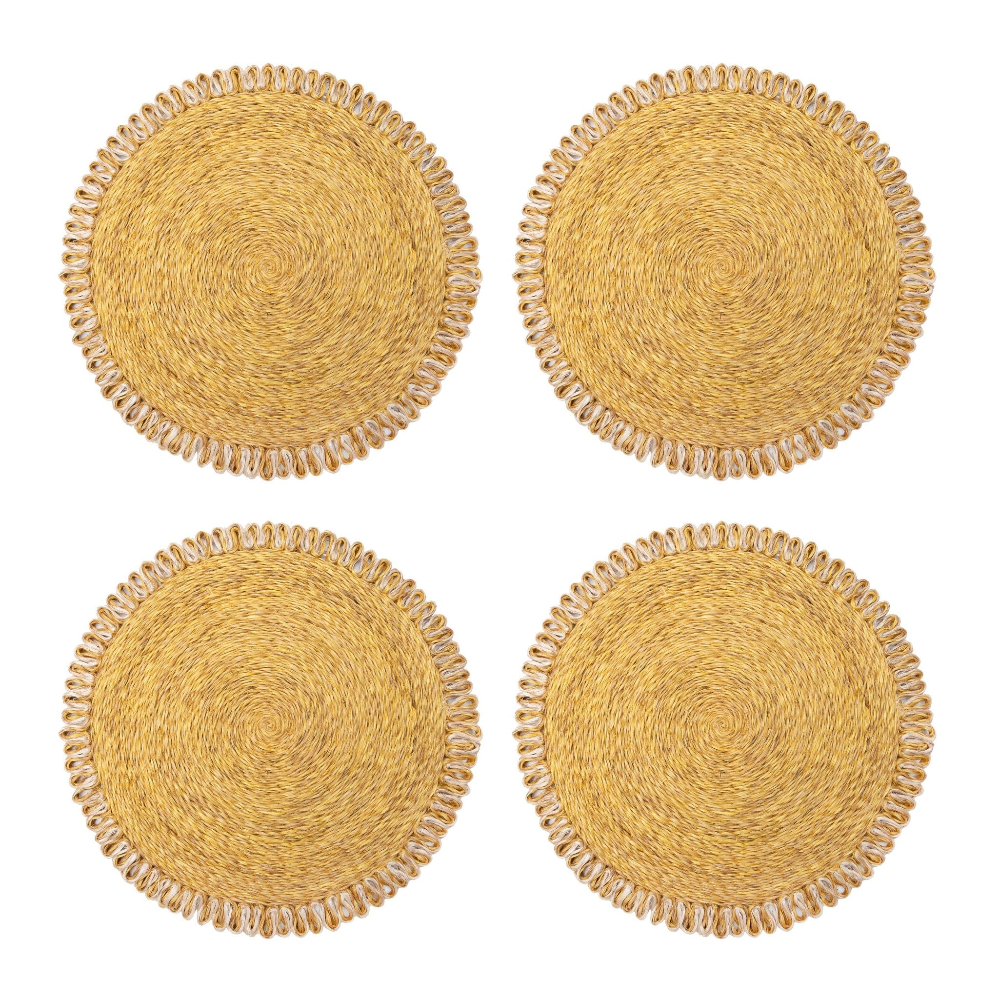 Loopy Abaca Mustard & Natural 15" Round Placemats - Set of 4