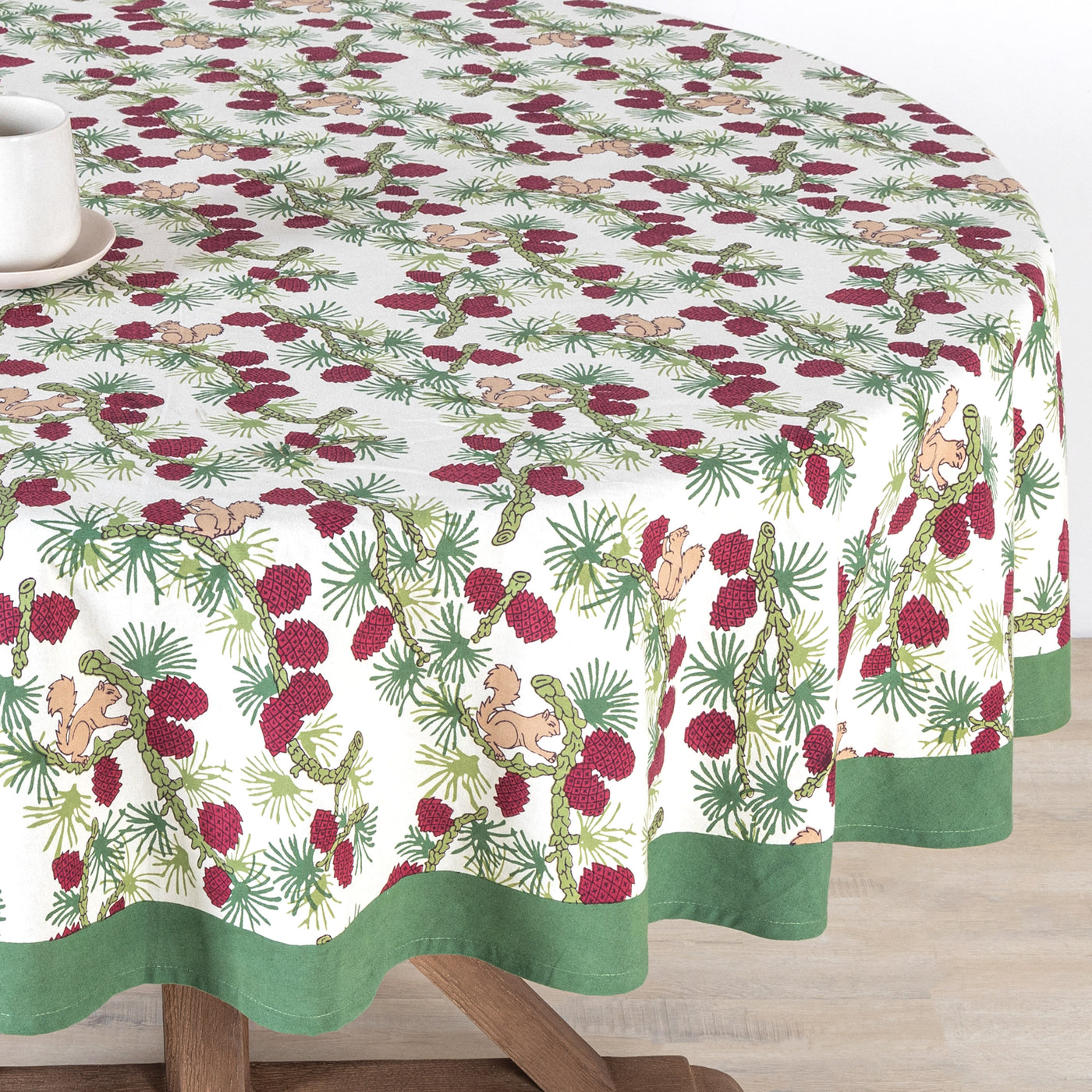 French Tablecloth Squirrel & Pinecone Red & Brown