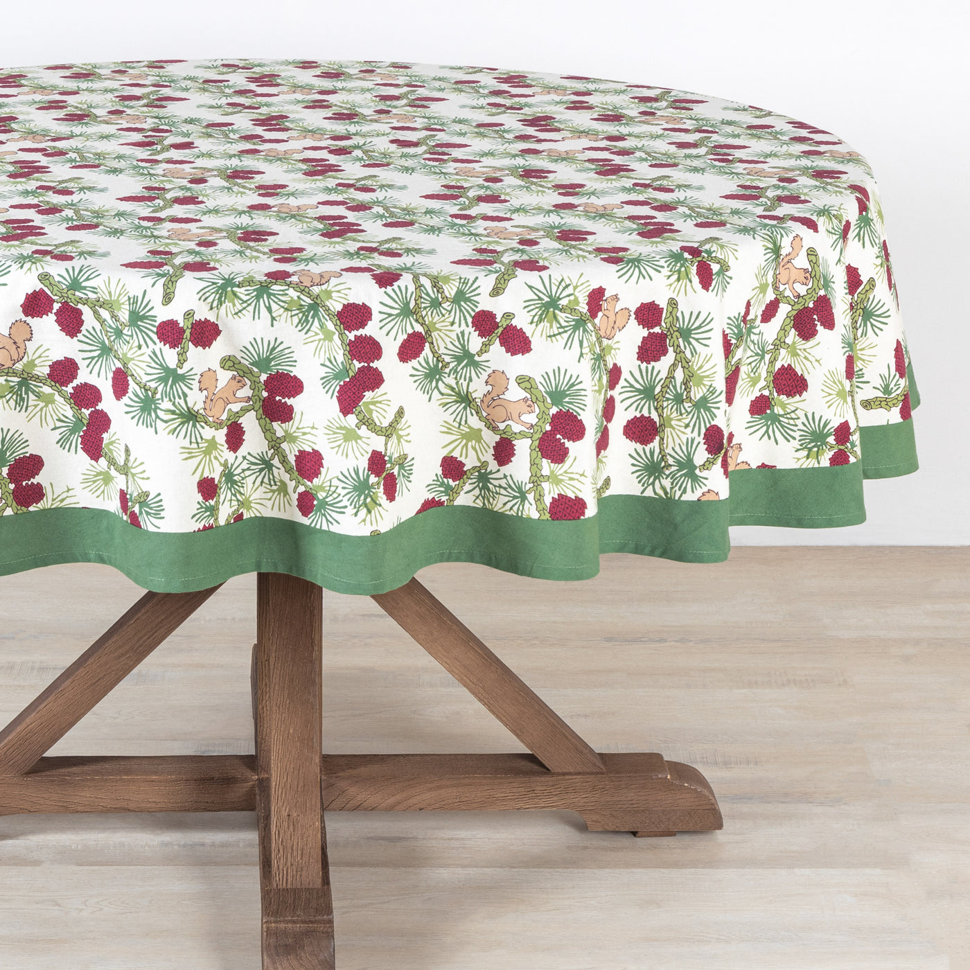 French Tablecloth Squirrel & Pinecone Red & Brown