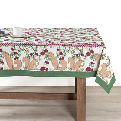 French Tablecloth Squirrel & Pinecone Red & Brown