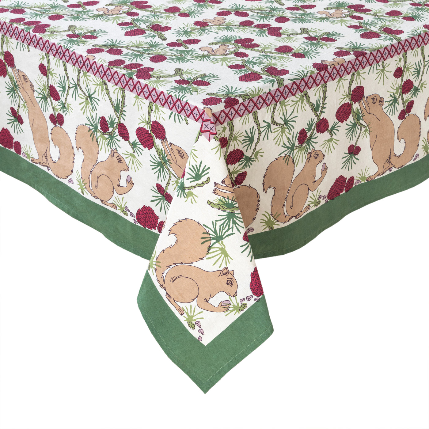 French Tablecloth Squirrel & Pinecone Red & Brown