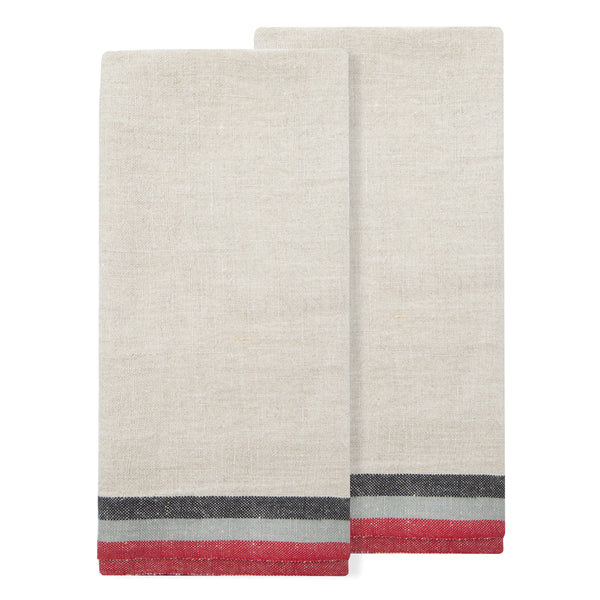 Normandy Natural Tea towels- Red/Grey/Black Stripes Teatowels - Set of 2
