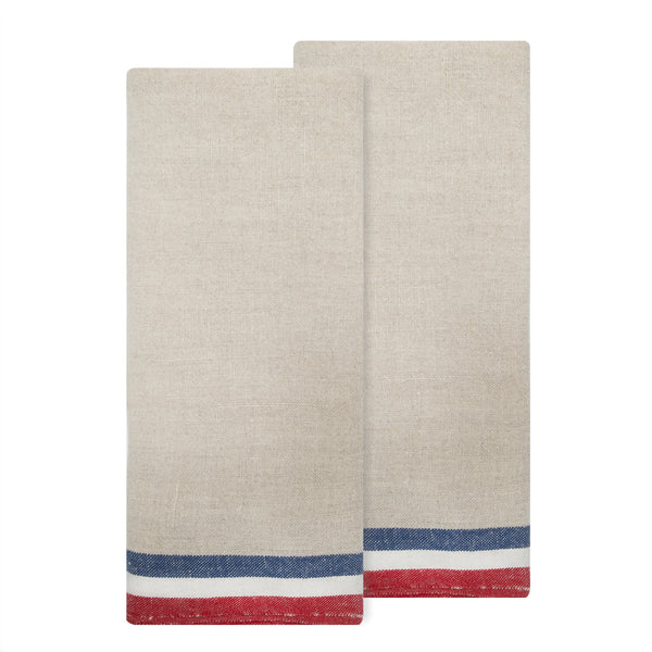 Normandy Natural Tea towels- Red/Natural/Blue Stripes, Set of 2