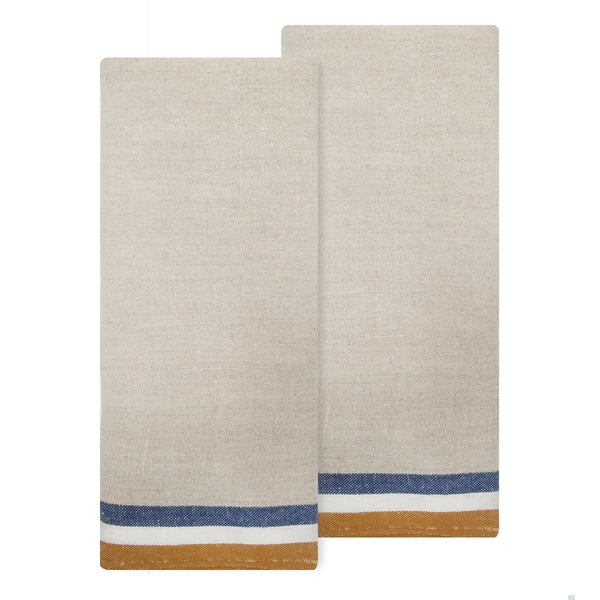 Normandy Natural Tea towels- Mustard/Natural/Blue Stripes, Set of 2
