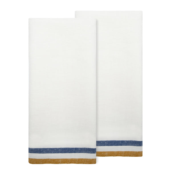 Normandy White Tea towels- Mustard/White/Blue Stripes, Set of 2