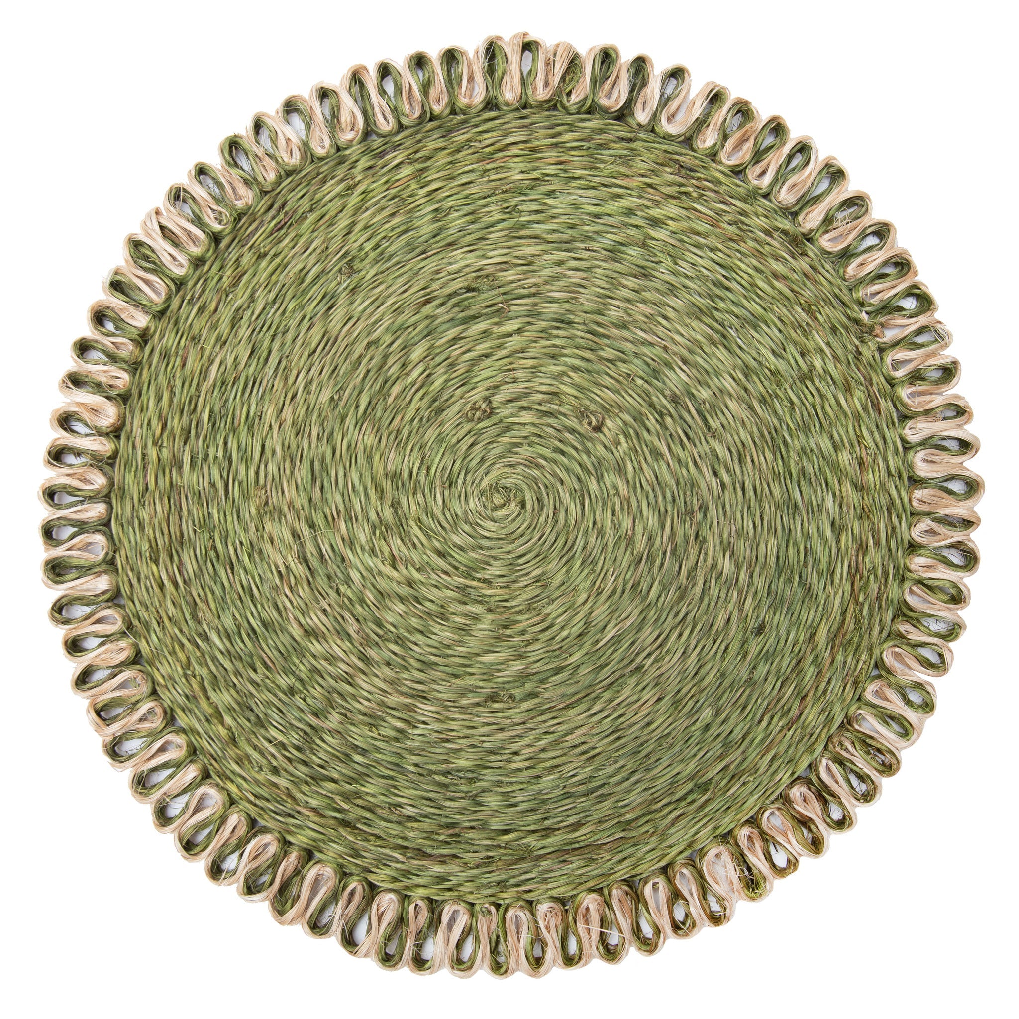 Loopy Abaca Olive Green & Natural 15" Round Placemats - Set of 4
