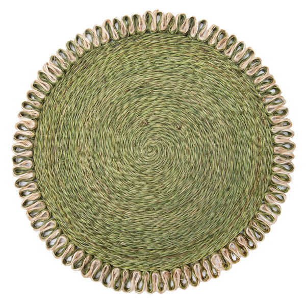 Loopy Abaca Olive Green & Natural 15" Round Placemats - Set of 4