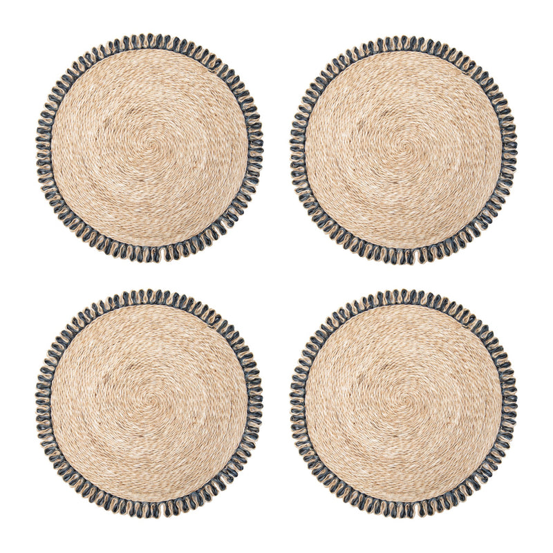 Loopy Abaca Natural & Navy 15" Round Placemats - Set of 4