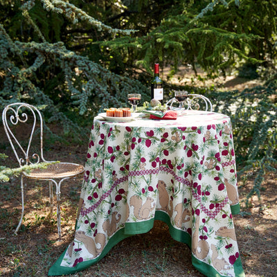 French Tablecloth Squirrel & Pinecone Red & Brown