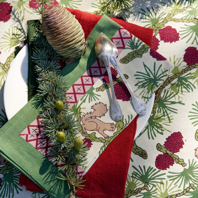 French Tablecloth Squirrel & Pinecone Red & Brown