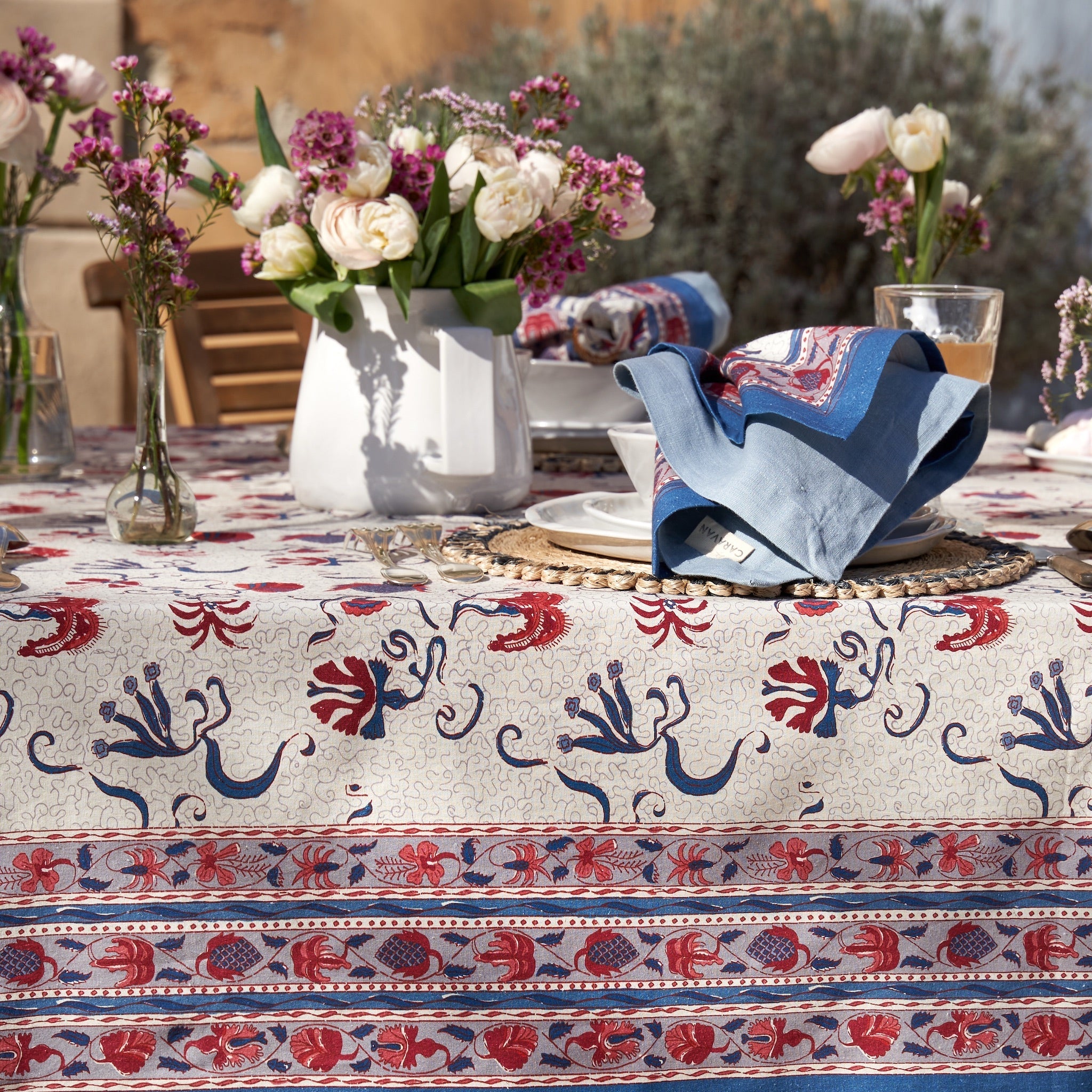 French Tablecloth Fleur des Indes Blue & Red