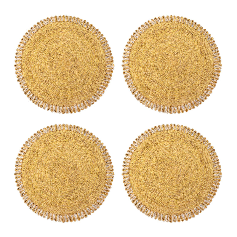 Loopy Abaca Mustard & Natural 15" Round Placemats - Set of 4