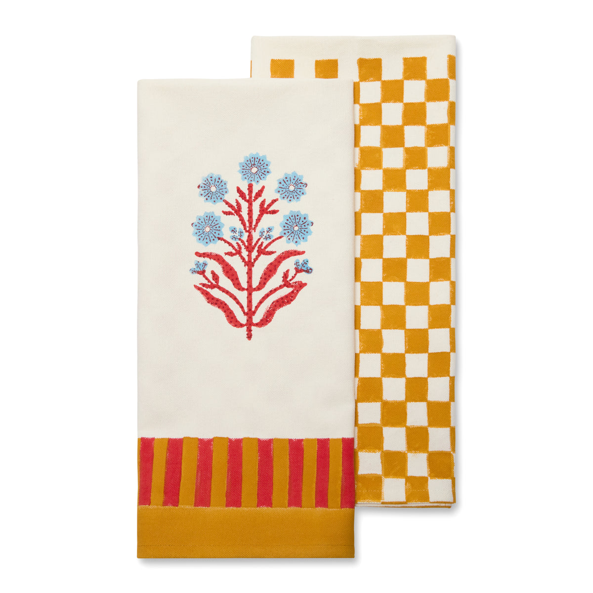 Jeu de Singes Mustard & Pink Tea Towels, Set of 2