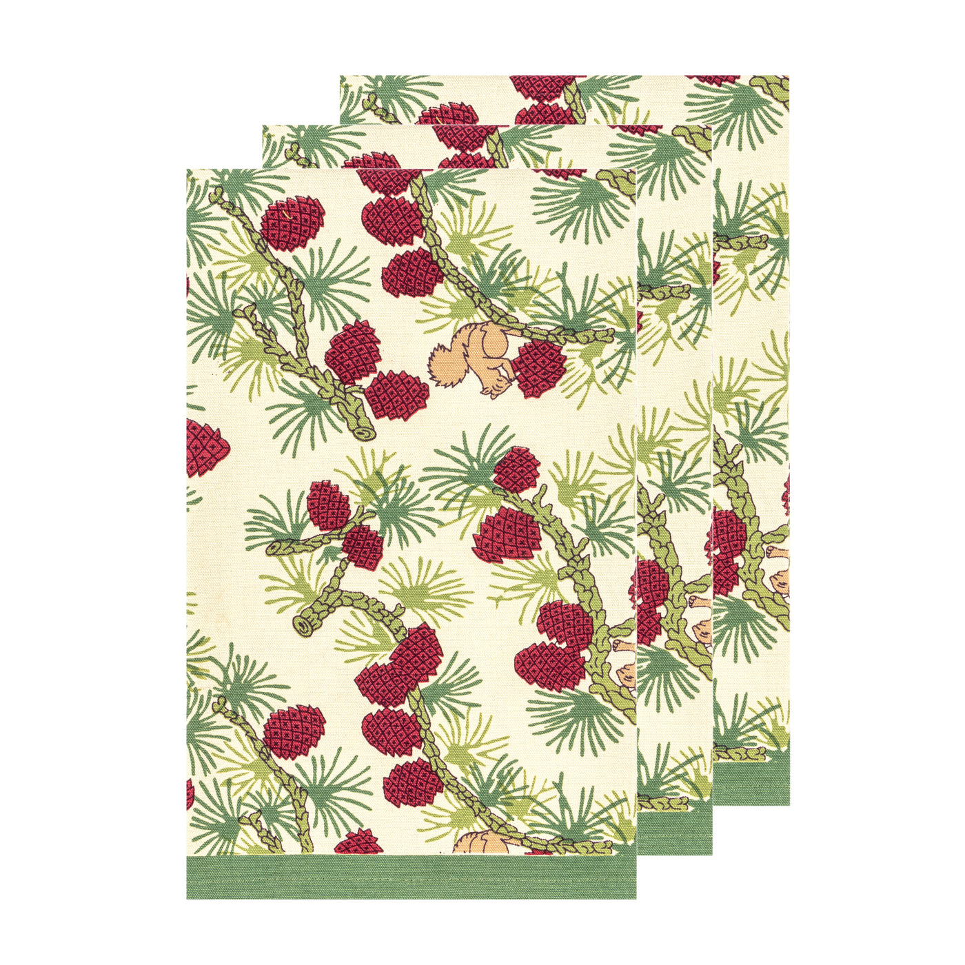 Squirrel & Pinecone Red & Brown Tea Towels, Set of 3