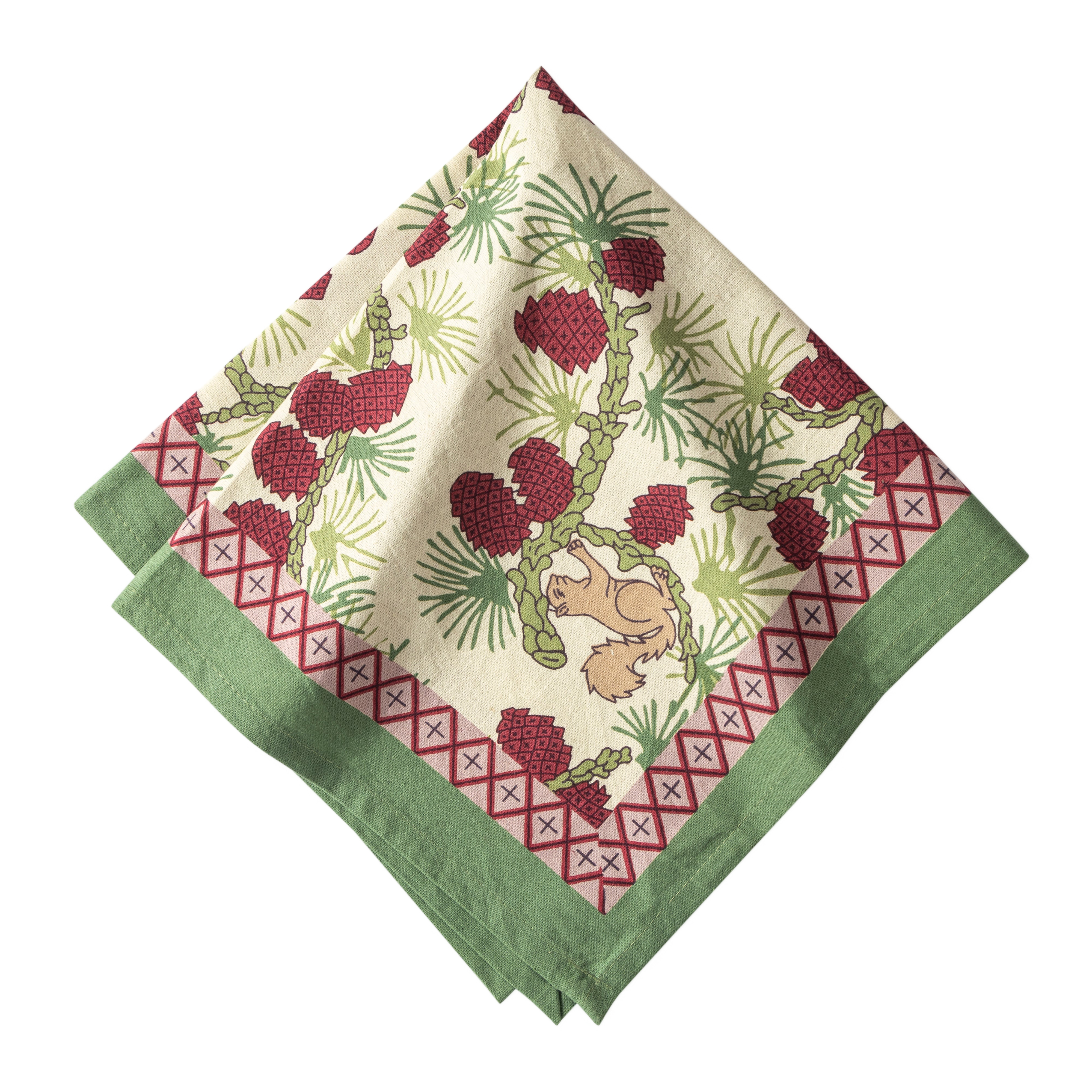 French Tablecloth Squirrel & Pinecone Red & Brown