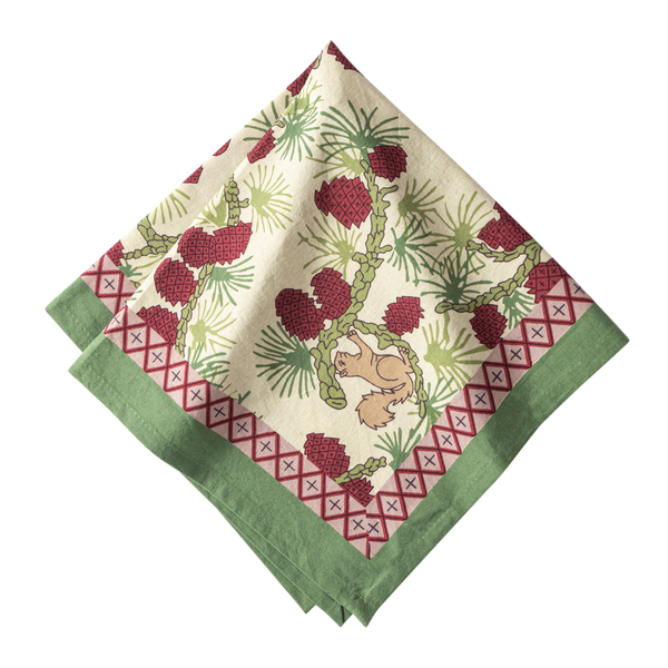 French Tablecloth Squirrel & Pinecone Red & Brown