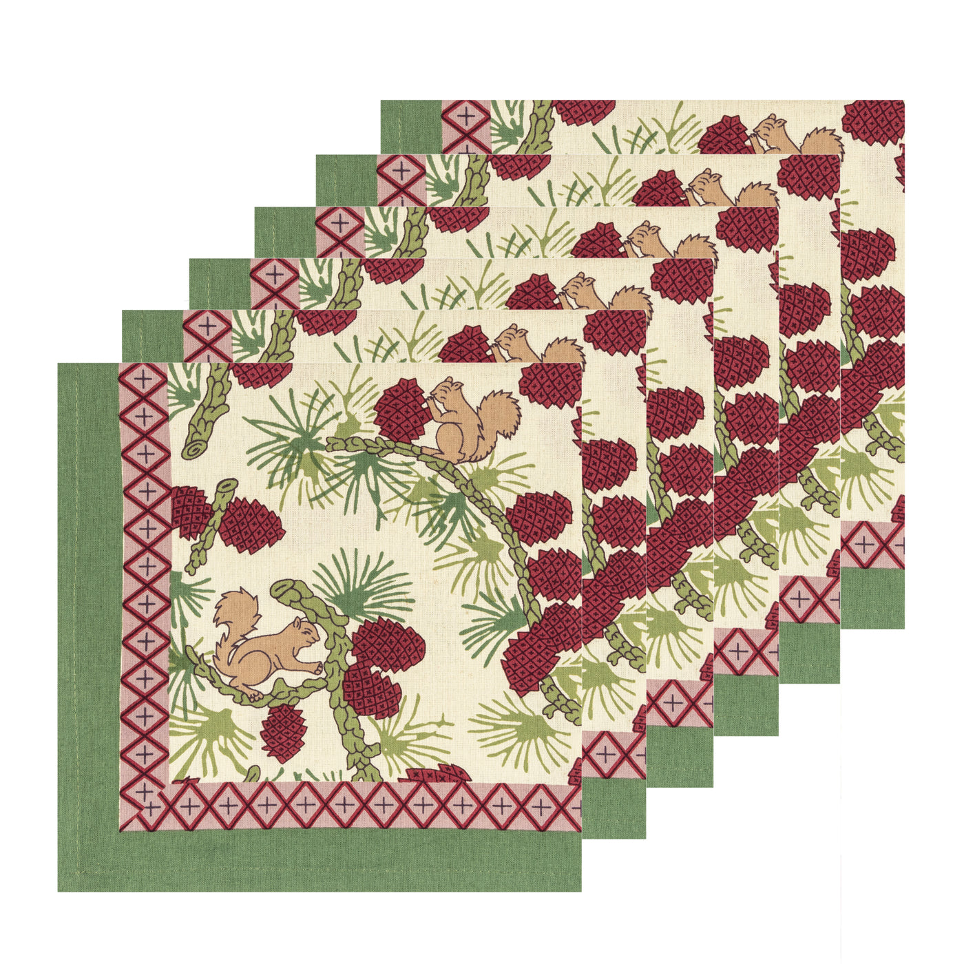 Squirrel & Pinecone Red & Brown Napkins, Set of 6