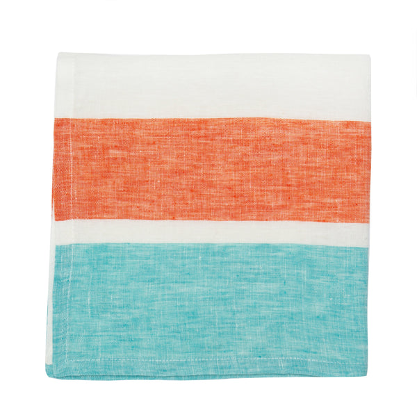 St. Barts Bold Stripe Linen Turquoise & Orange Napkins, Set of 4