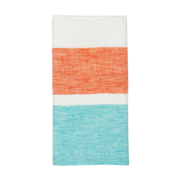 St. Barts Bold Stripe Linen Turquoise & Orange Kitchen Towels, Set of 2