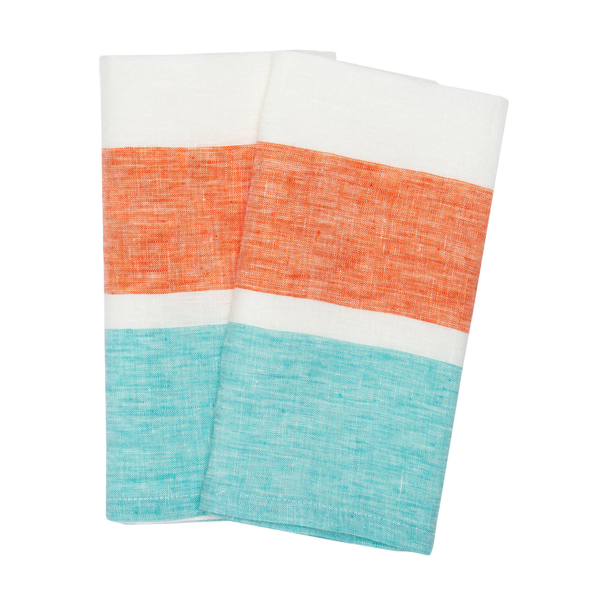 St. Barts Bold Stripe Linen Turquoise & Orange Kitchen Towels, Set of 2