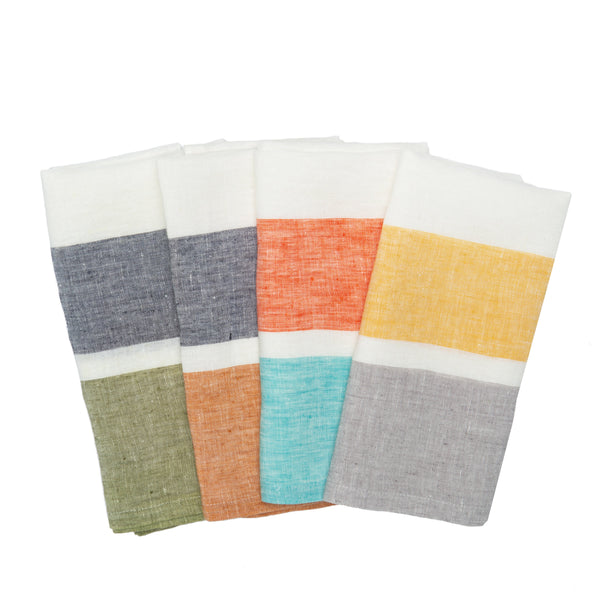 St. Barts Bold Stripe Linen Turquoise & Orange Kitchen Towels, Set of 2