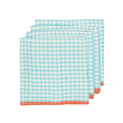 Two-Tone Gingham Napkins Aqua & Orange, Set of 4