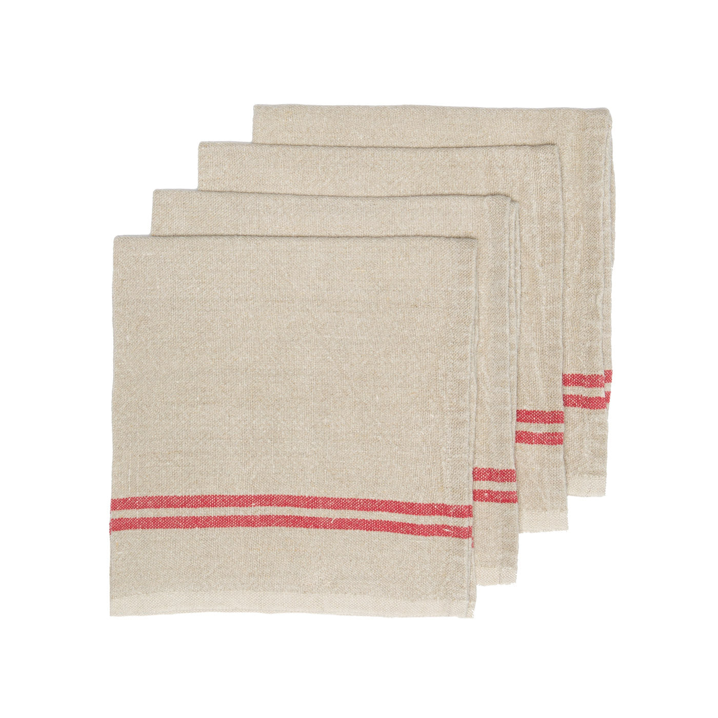 Vintage Linen Napkins Natural & Red, Set of 4