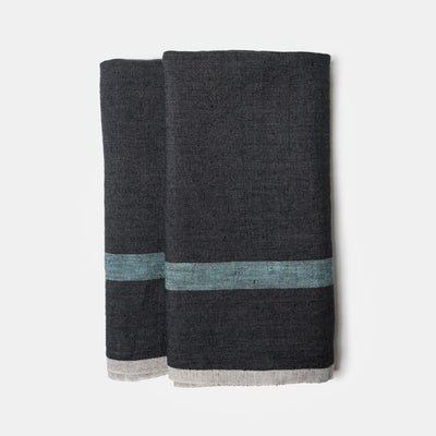 Laundered Linen Kitchen Towels Charcoal & Aqua, Set of 2