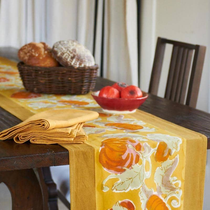 table runner 金彩「夢巻絵」　帯リメイク　正絹　長長尺 Pumpkin Orange/Green Runner- French Linen Runner by Bruno Lamy